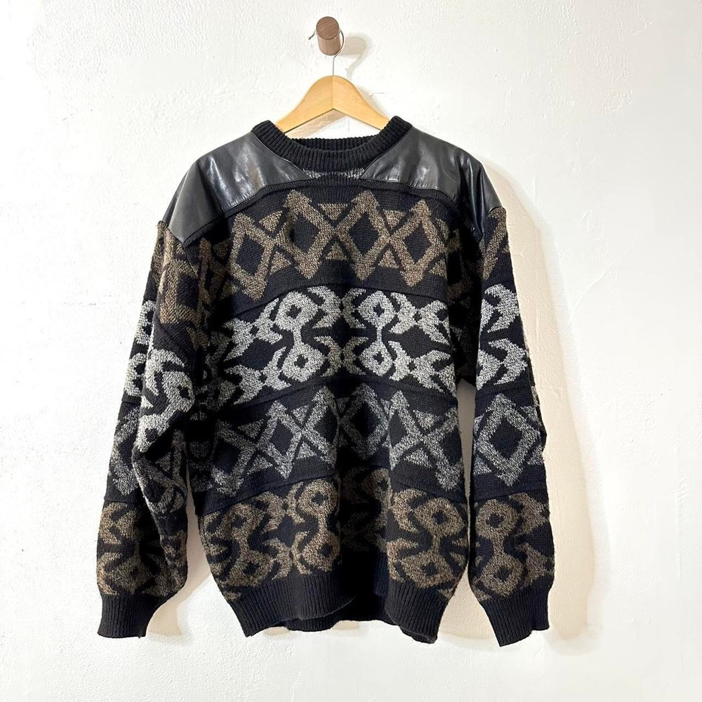 Zeidler & Zeidler Sweater Mens L Black Geometric Leather Trim Quilted Vintage